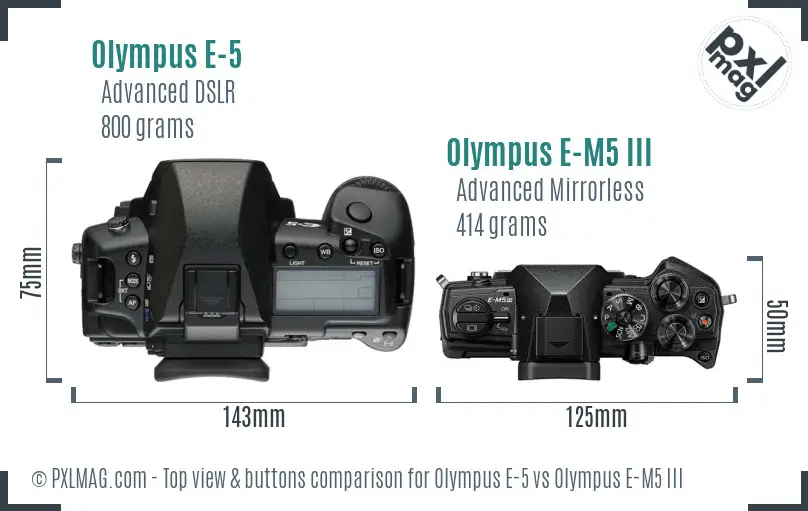 Olympus E-5 vs Olympus E-M5 III top view buttons comparison