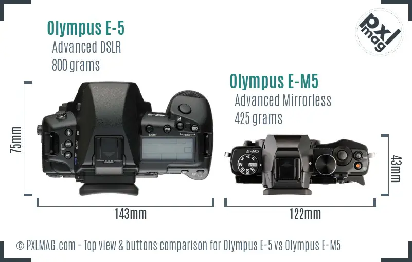 Olympus E-5 vs Olympus E-M5 top view buttons comparison