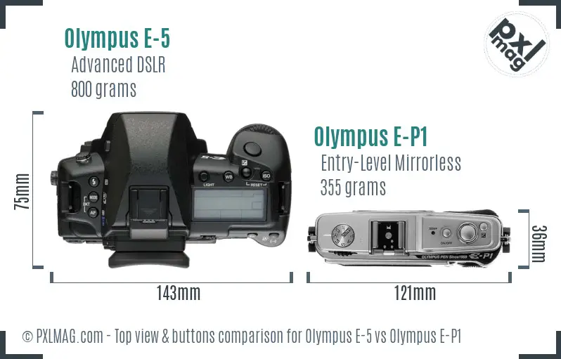 Olympus E-5 vs Olympus E-P1 top view buttons comparison
