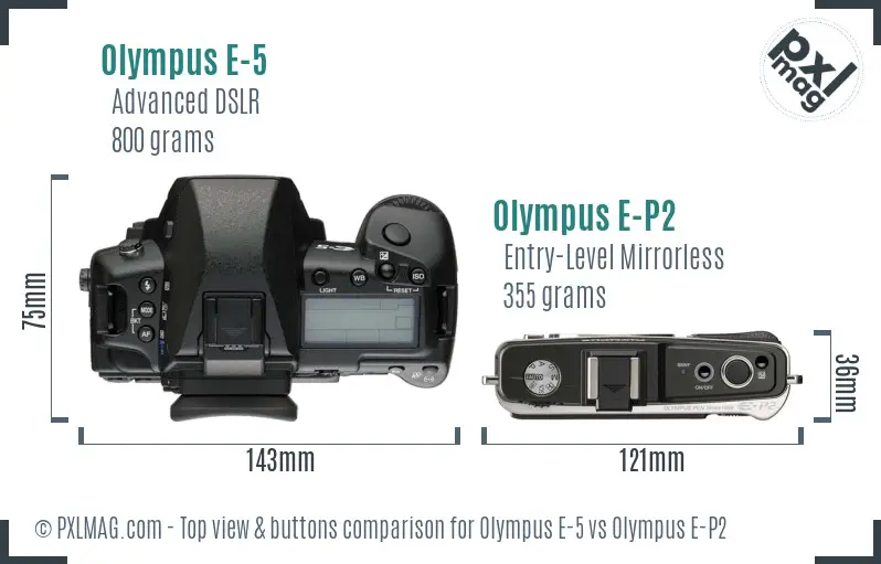 Olympus E-5 vs Olympus E-P2 top view buttons comparison