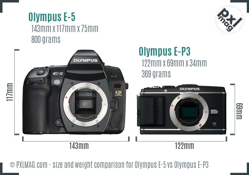 Olympus E-5 vs Olympus E-P3 size comparison