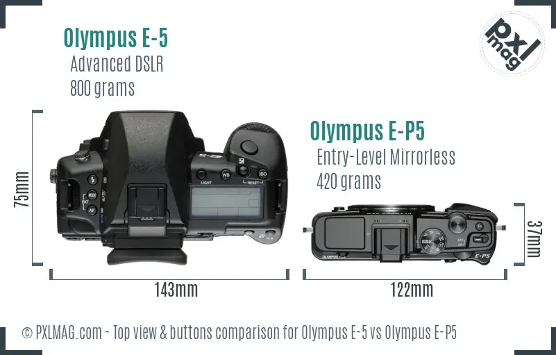 Olympus E-5 vs Olympus E-P5 top view buttons comparison