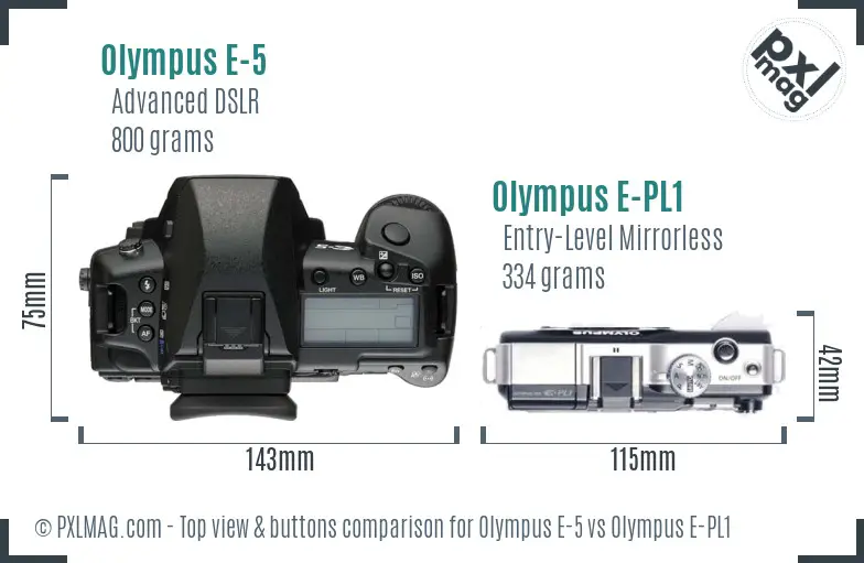 Olympus E-5 vs Olympus E-PL1 top view buttons comparison