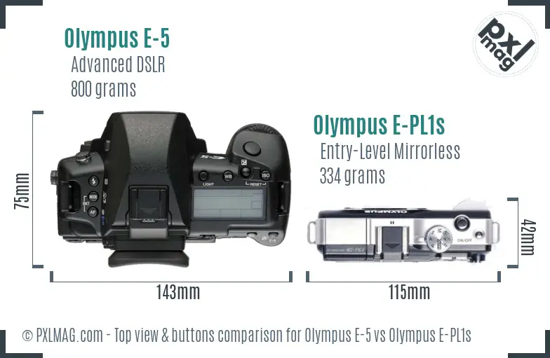Olympus E-5 vs Olympus E-PL1s top view buttons comparison