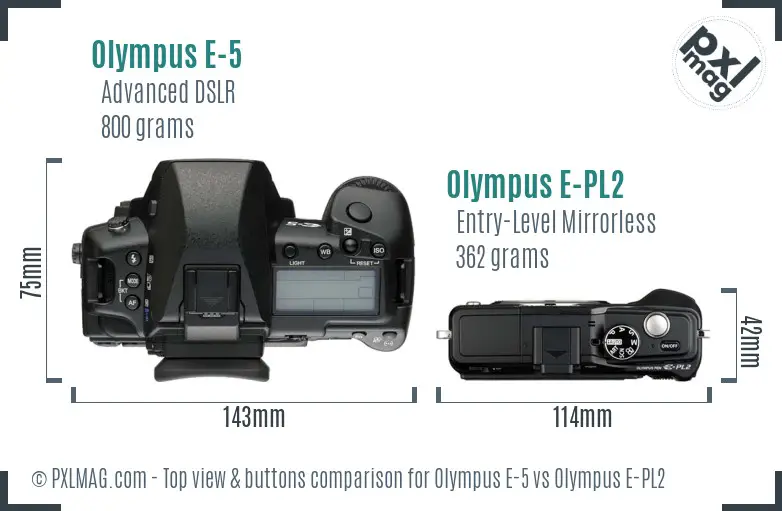 Olympus E-5 vs Olympus E-PL2 top view buttons comparison