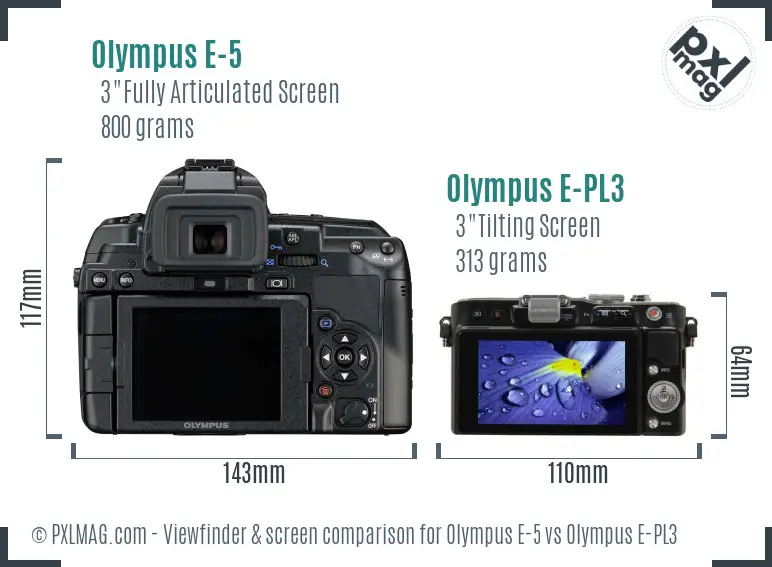 Olympus E-5 vs Olympus E-PL3 Screen and Viewfinder comparison