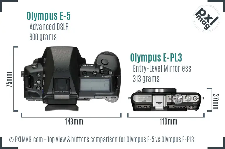 Olympus E-5 vs Olympus E-PL3 top view buttons comparison