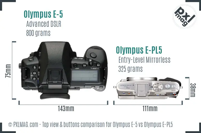 Olympus E-5 vs Olympus E-PL5 top view buttons comparison