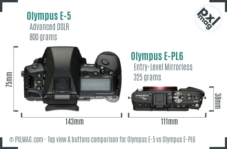 Olympus E-5 vs Olympus E-PL6 top view buttons comparison