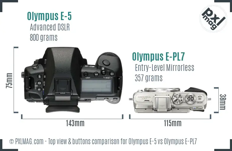 Olympus E-5 vs Olympus E-PL7 top view buttons comparison