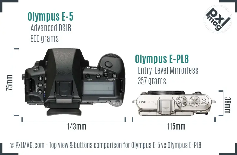 Olympus E-5 vs Olympus E-PL8 top view buttons comparison