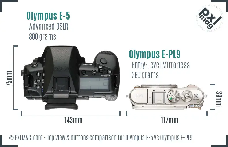 Olympus E-5 vs Olympus E-PL9 top view buttons comparison