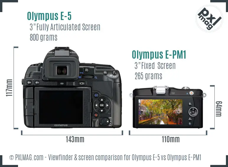 Olympus E-5 vs Olympus E-PM1 Screen and Viewfinder comparison