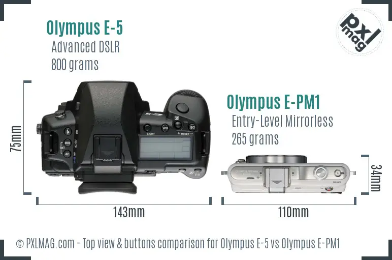 Olympus E-5 vs Olympus E-PM1 top view buttons comparison