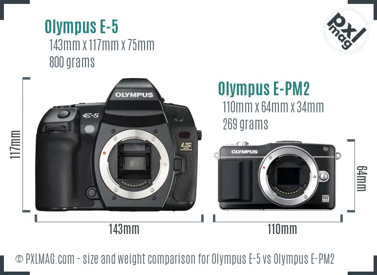Olympus E-5 vs Olympus E-PM2 size comparison