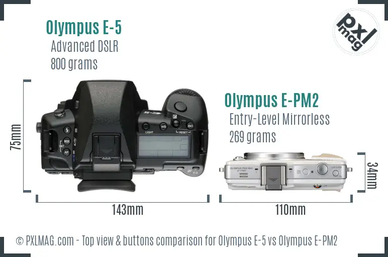 Olympus E-5 vs Olympus E-PM2 top view buttons comparison
