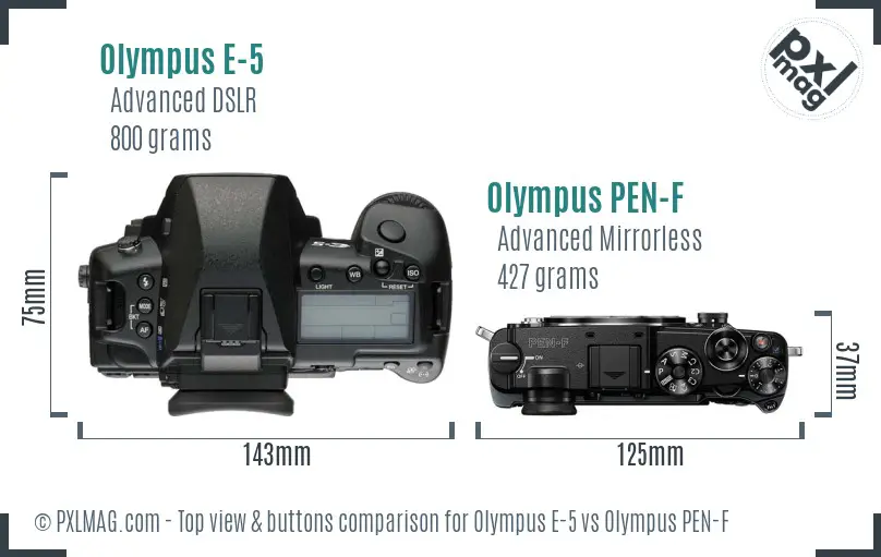 Olympus E-5 vs Olympus PEN-F top view buttons comparison