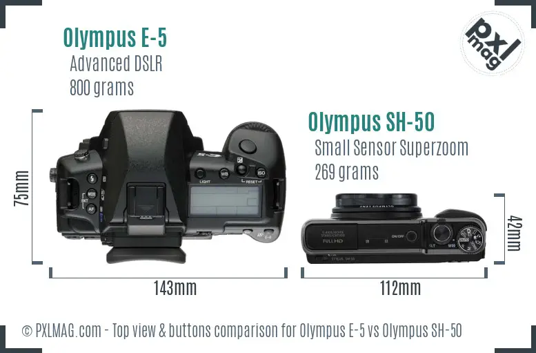 Olympus E-5 vs Olympus SH-50 top view buttons comparison