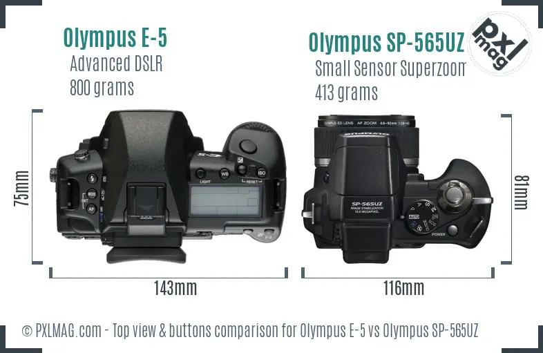 Olympus E-5 vs Olympus SP-565UZ top view buttons comparison