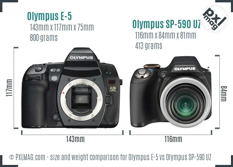 Olympus E-5 vs Olympus SP-590 UZ size comparison
