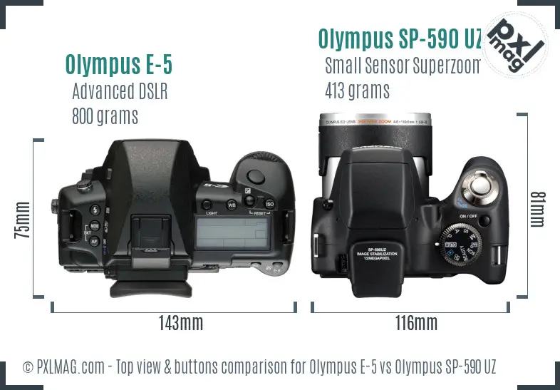 Olympus E-5 vs Olympus SP-590 UZ top view buttons comparison