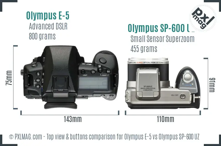 Olympus E-5 vs Olympus SP-600 UZ top view buttons comparison