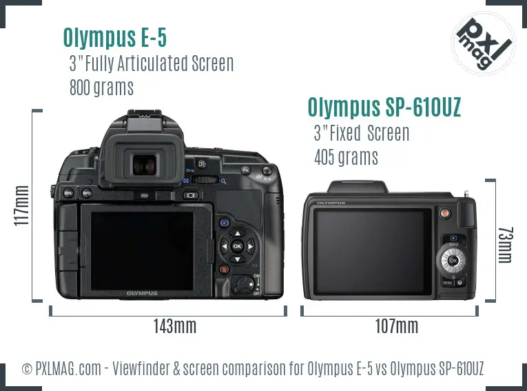 Olympus E-5 vs Olympus SP-610UZ Screen and Viewfinder comparison