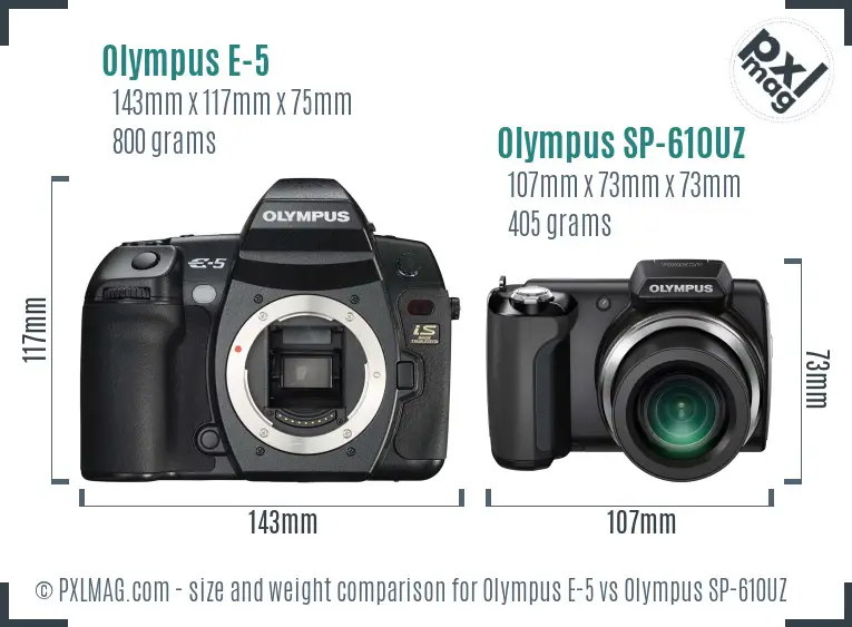 Olympus E-5 vs Olympus SP-610UZ size comparison