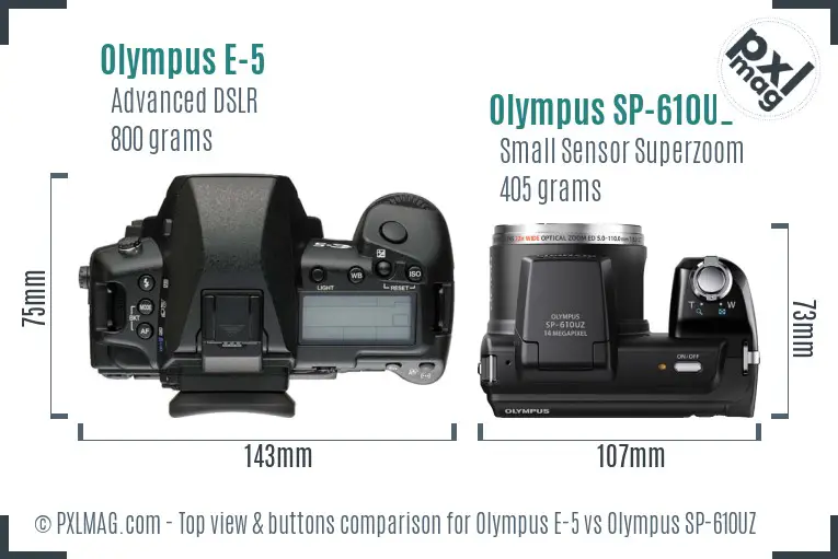Olympus E-5 vs Olympus SP-610UZ top view buttons comparison