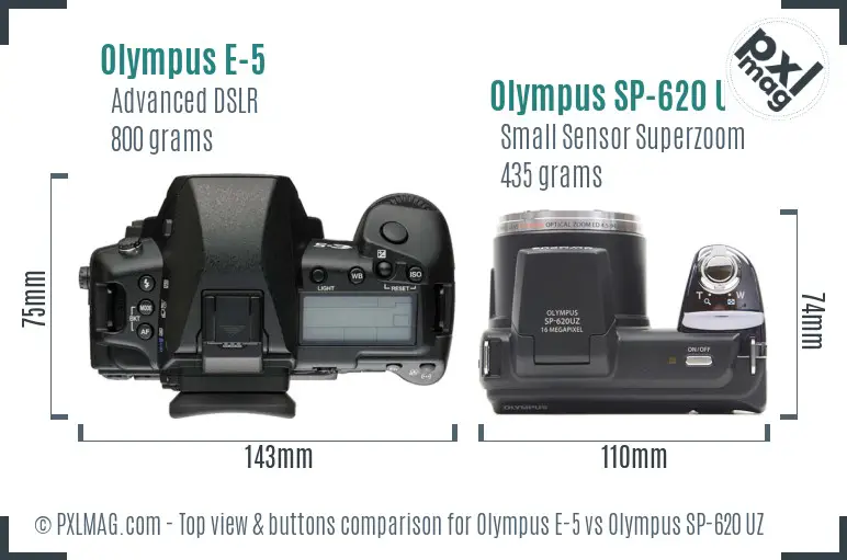 Olympus E-5 vs Olympus SP-620 UZ top view buttons comparison
