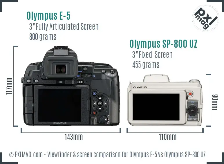 Olympus E-5 vs Olympus SP-800 UZ Screen and Viewfinder comparison