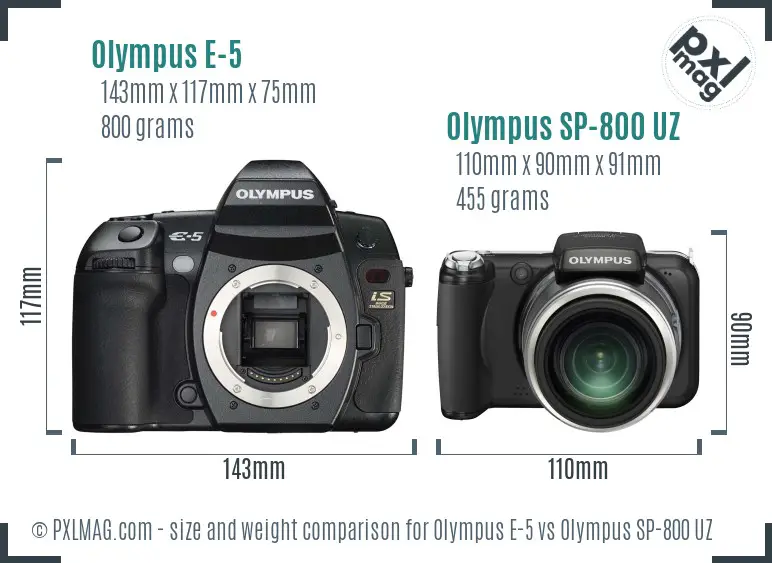 Olympus E-5 vs Olympus SP-800 UZ size comparison