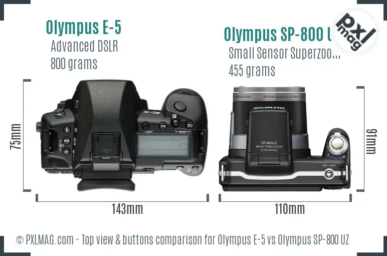 Olympus E-5 vs Olympus SP-800 UZ top view buttons comparison
