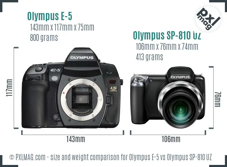 Olympus E-5 vs Olympus SP-810 UZ size comparison