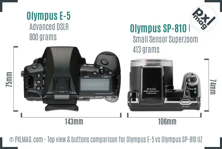 Olympus E-5 vs Olympus SP-810 UZ top view buttons comparison