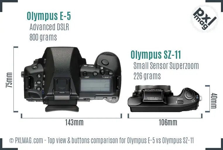 Olympus E-5 vs Olympus SZ-11 top view buttons comparison