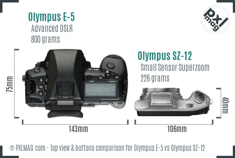 Olympus E-5 vs Olympus SZ-12 top view buttons comparison
