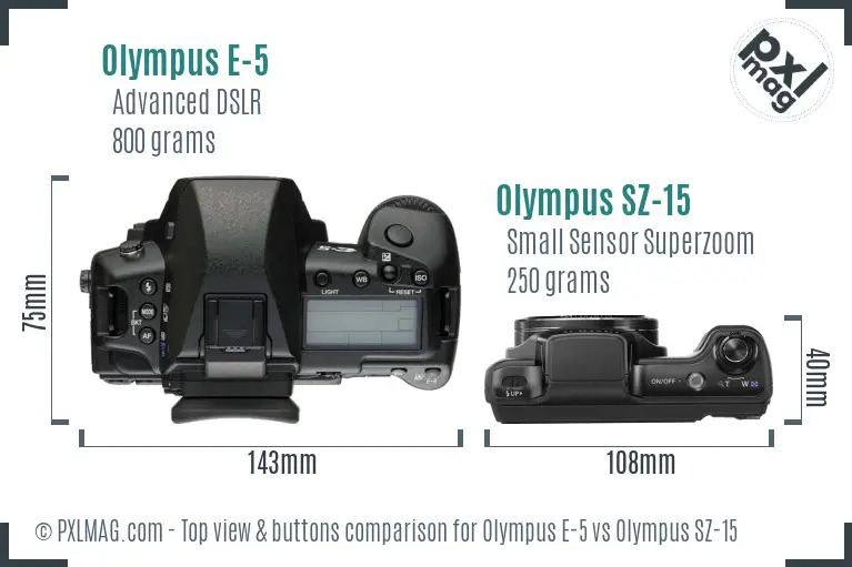 Olympus E-5 vs Olympus SZ-15 top view buttons comparison