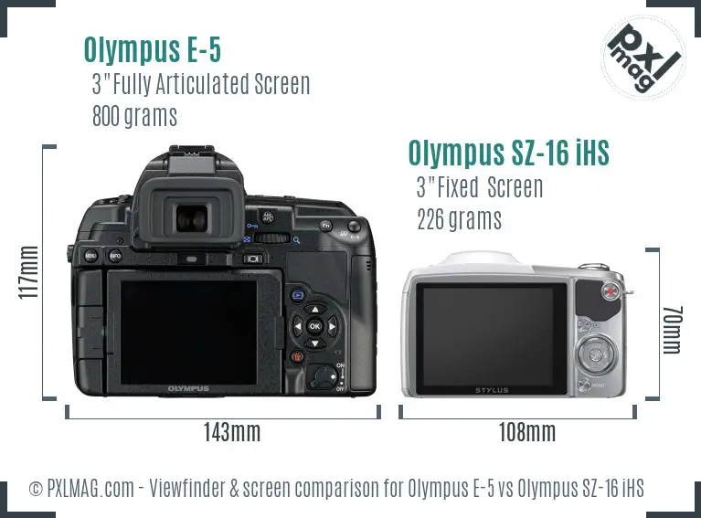 Olympus E-5 vs Olympus SZ-16 iHS Screen and Viewfinder comparison