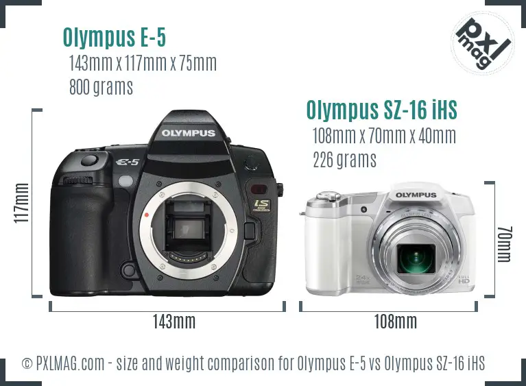 Olympus E-5 vs Olympus SZ-16 iHS size comparison