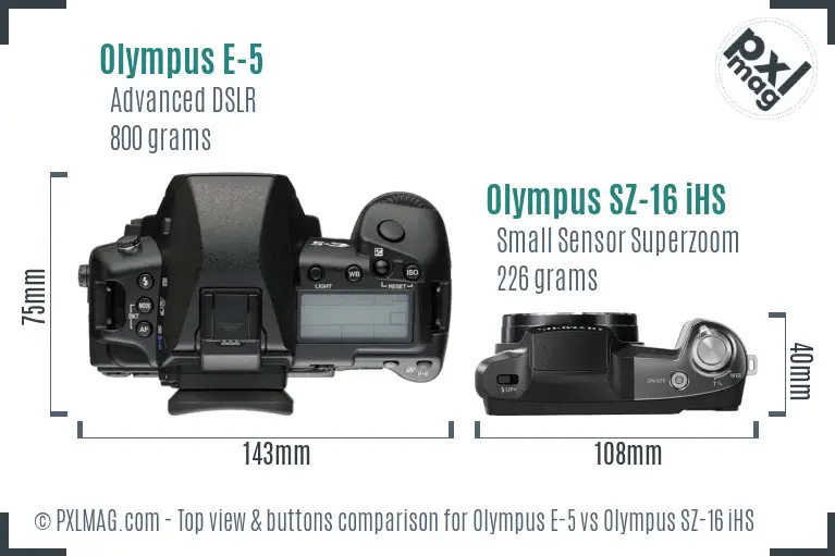 Olympus E-5 vs Olympus SZ-16 iHS top view buttons comparison
