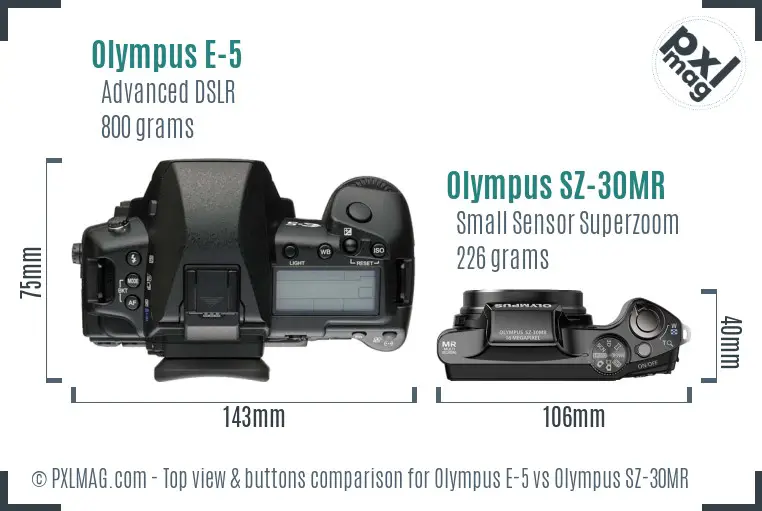 Olympus E-5 vs Olympus SZ-30MR top view buttons comparison