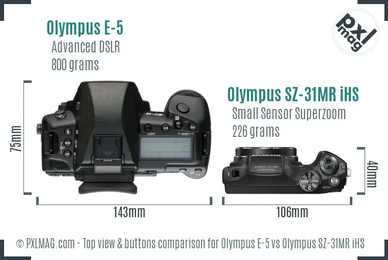 Olympus E-5 vs Olympus SZ-31MR iHS top view buttons comparison