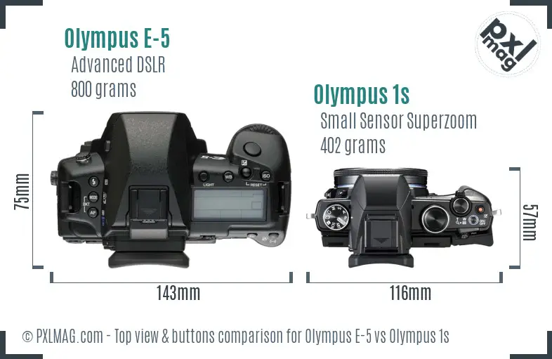 Olympus E-5 vs Olympus 1s top view buttons comparison