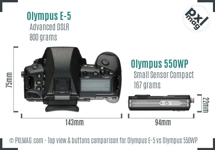 Olympus E-5 vs Olympus 550WP top view buttons comparison