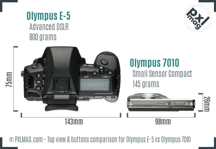 Olympus E-5 vs Olympus 7010 top view buttons comparison