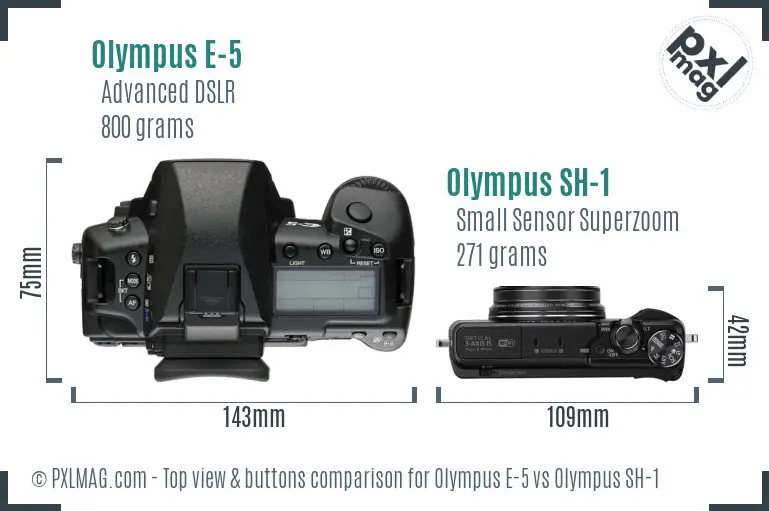 Olympus E-5 vs Olympus SH-1 top view buttons comparison