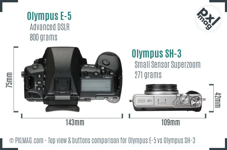 Olympus E-5 vs Olympus SH-3 top view buttons comparison