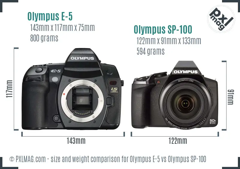 Olympus E-5 vs Olympus SP-100 size comparison