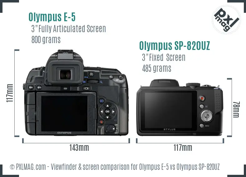 Olympus E-5 vs Olympus SP-820UZ Screen and Viewfinder comparison